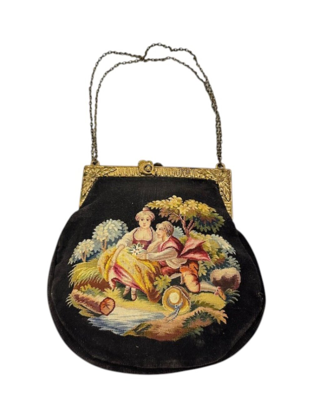 Antique 1920s French Petit Point Evening Bag with Chain Strap and Original Mirro